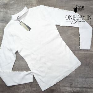 Tahari Ribbed Pearl Accent Mock Turtleneck Sweater Size L